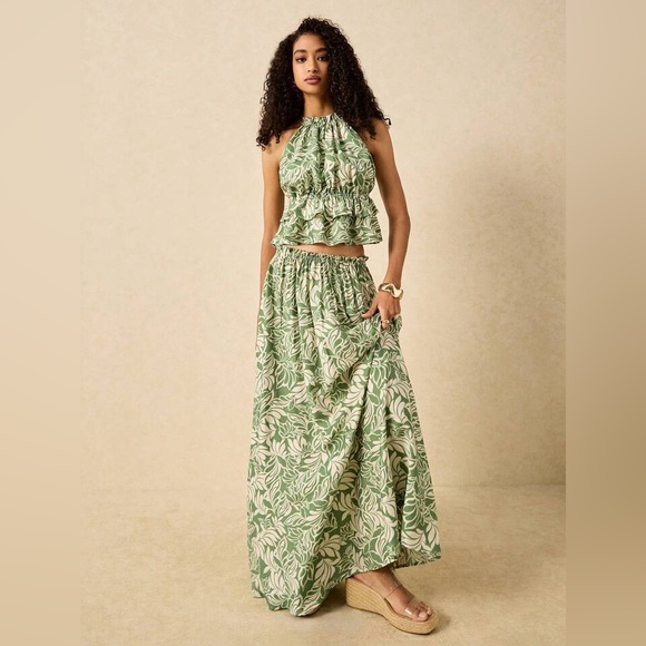 Women’s Ruched Two Piece Set with Halter Top and Maxi Skirt